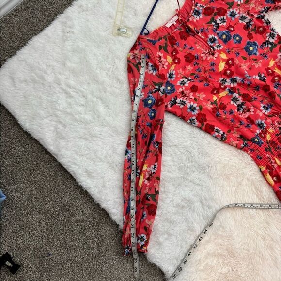 Parker Smocked Drop Waist Mini Dress Floral Deep Coral Size S - Picture 10 of 11